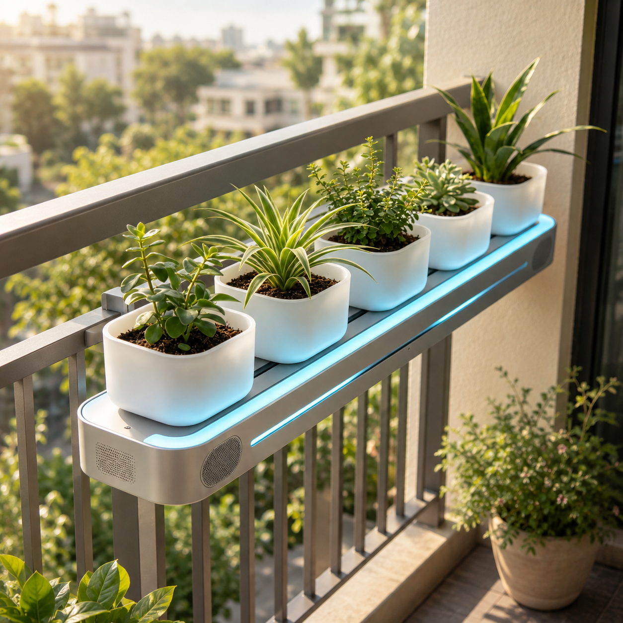 Smart Light & Speaker Balcony Railing Planter Shelf