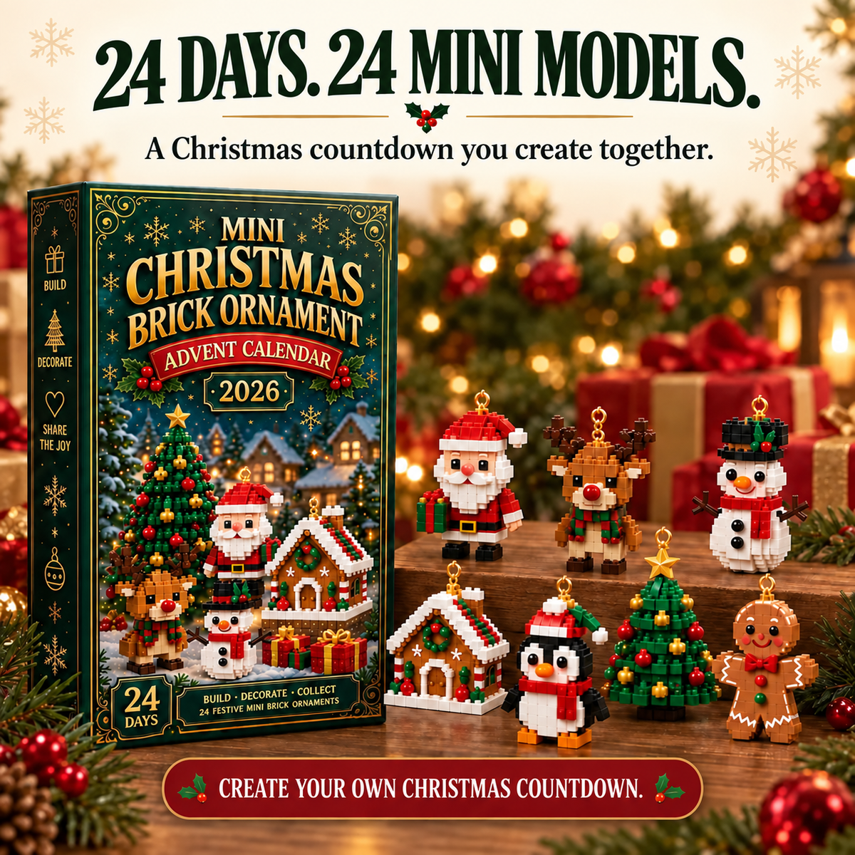 24-Day🏖️Mini Christmas Brick Ornament Advent Calendar – 24 Unique Buildable Holiday Models