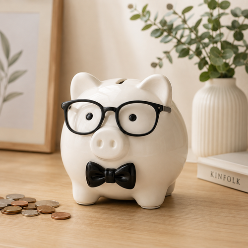 Ceramic Piggy Bank with Glasses & Bow‑Tie